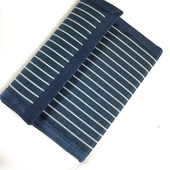 VTG 80'S Blue White Stripe Nylon Tri Fold Wallet NOS - Picture 1 of 5